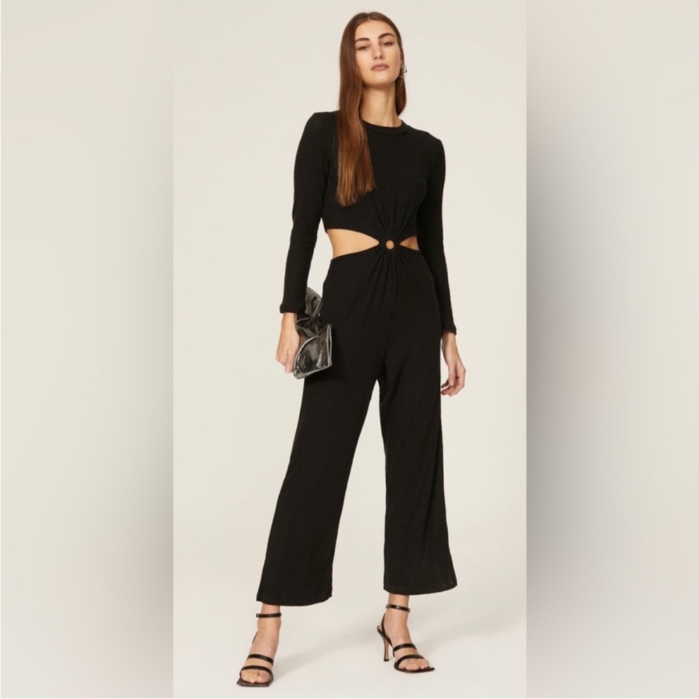 EUC LNA Banx Black Cut Out Jumpsuit Ribbed Stretchy O Ring Cutouts size XL